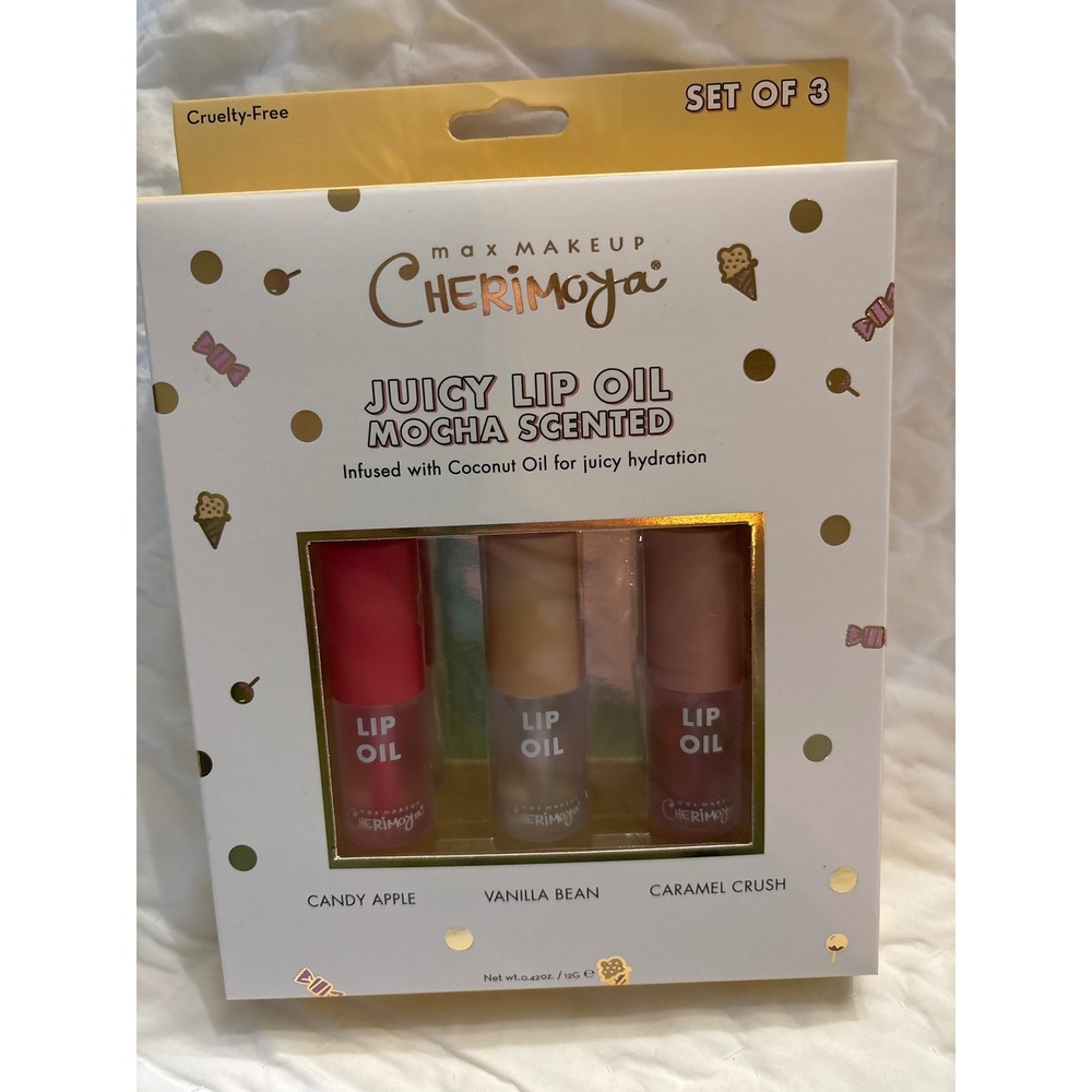 Max Makeup Cherimoya Juicy Lip Oil Mocha Scented Set of 3 Candy Vanilla Caramel